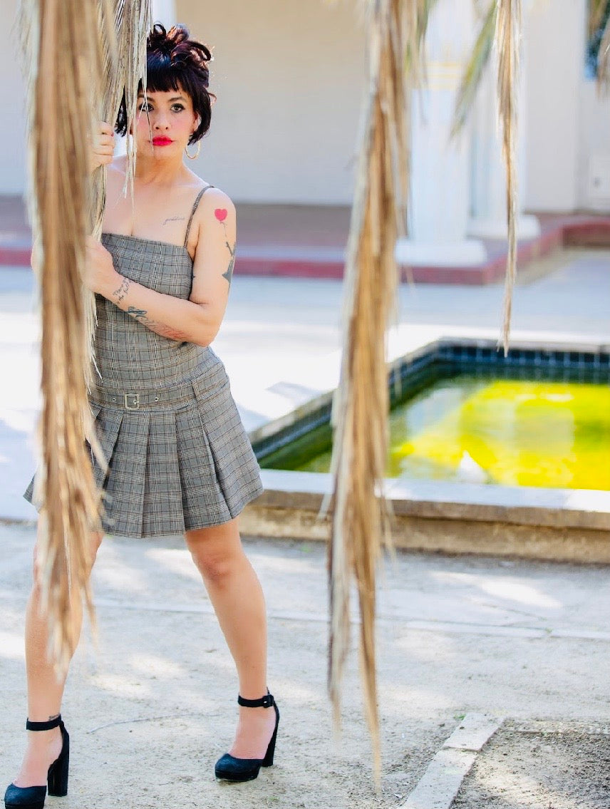 Belted Plaid Zip-up Pleated Dress