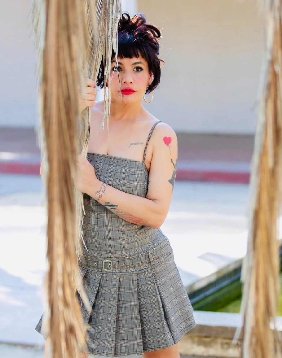 Belted Plaid Zip-up Pleated Dress