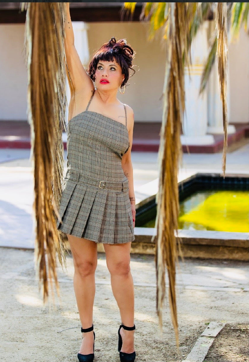 Belted Plaid Zip-up Pleated Dress