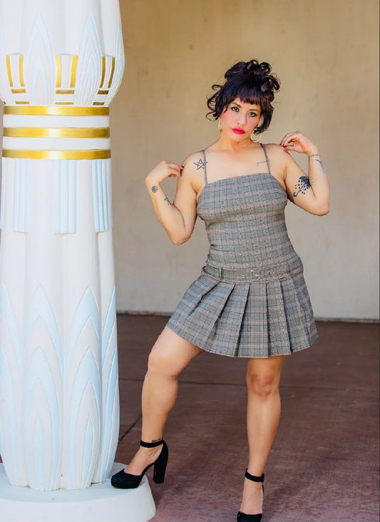 Belted Plaid Zip-up Pleated Dress
