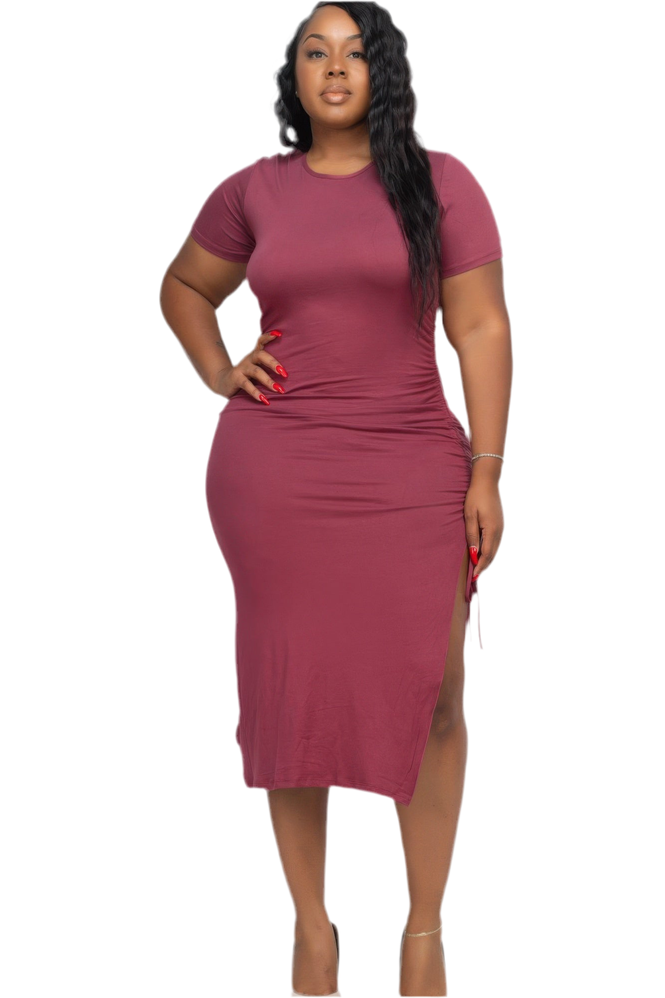 Drawstring Ruched Side Split Hem Midi Dress