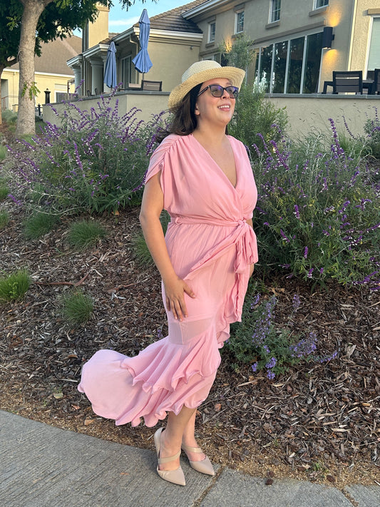 Solid Tie Waist Ruffle Midi Dress