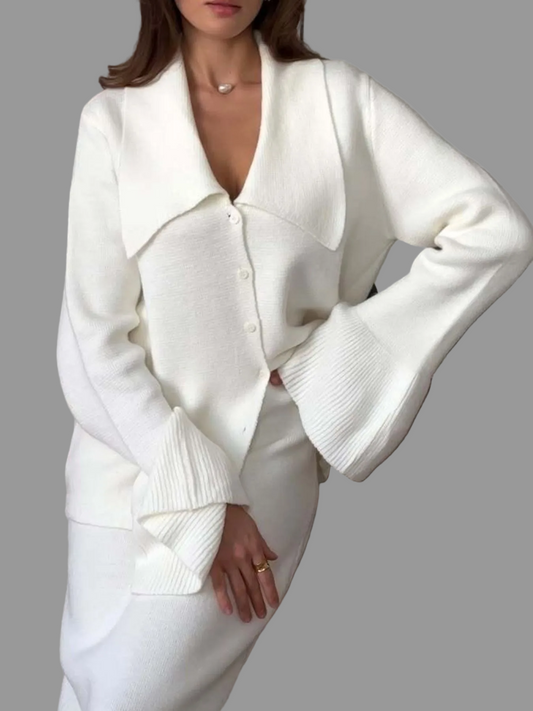 Button Down Long Sleeve Cardigan and Skirt Knit Set
