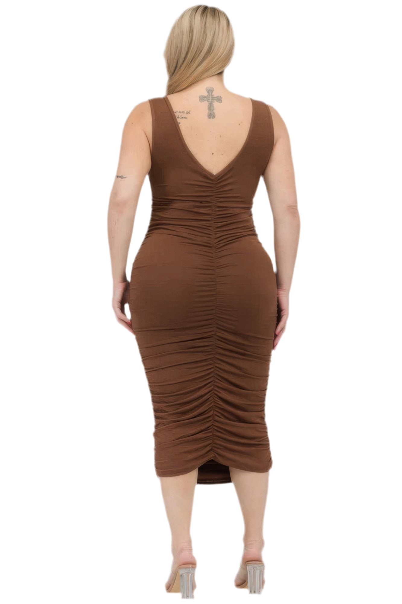 Square Neck Ruched Bodycon Midi Dress