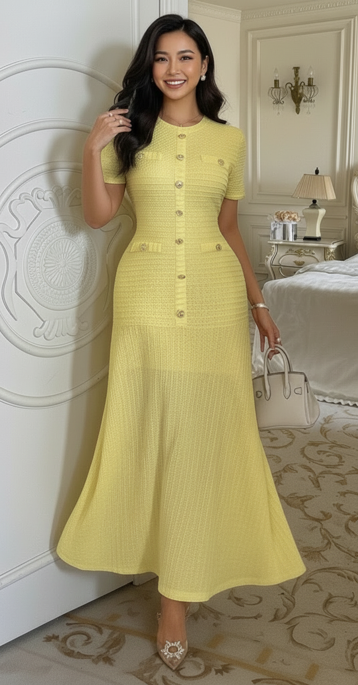 Solid Round Neck Button Elegant Sheath Dress