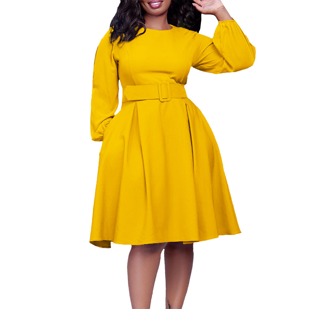 With Belt Long Sleeve Elegant Graceful Round Neck Large Swing Dress