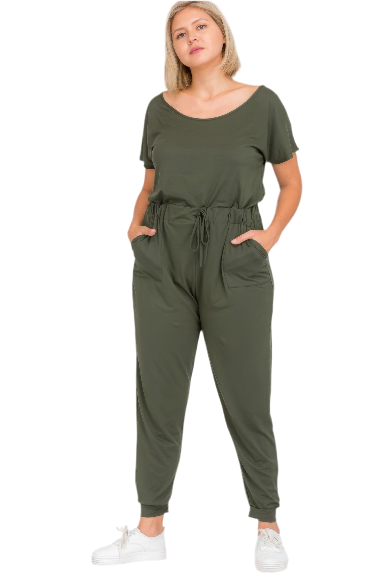 Solid Drawstring Short Sleeve Jumpsuit