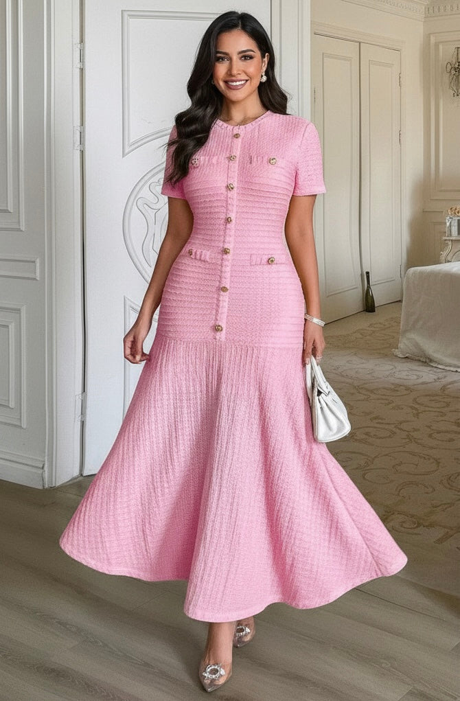 Solid Round Neck Button Elegant Sheath Dress
