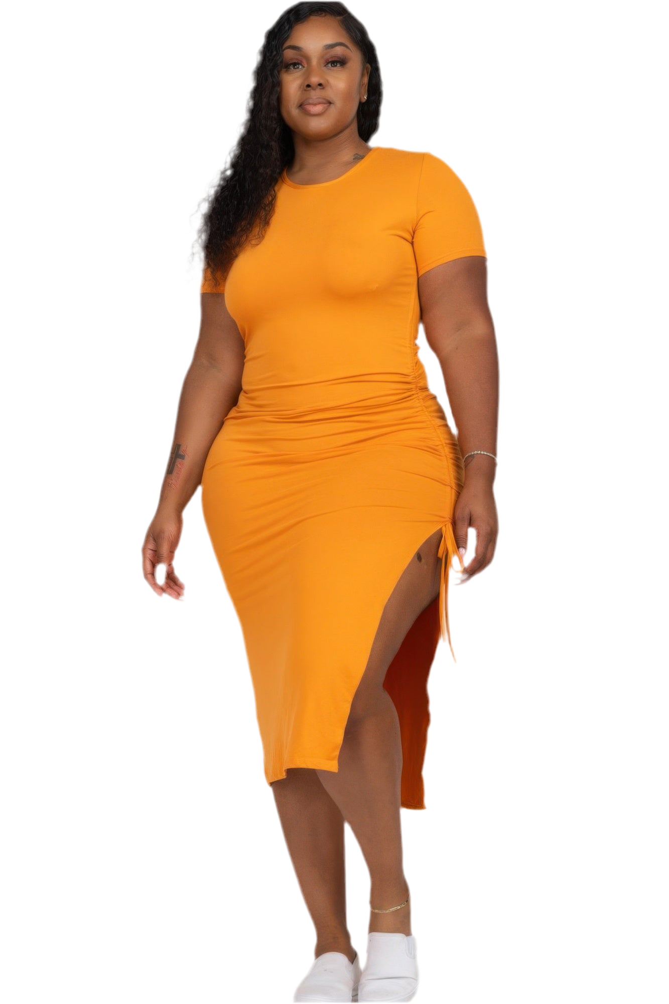 Drawstring Ruched Side Split Hem Midi Dress