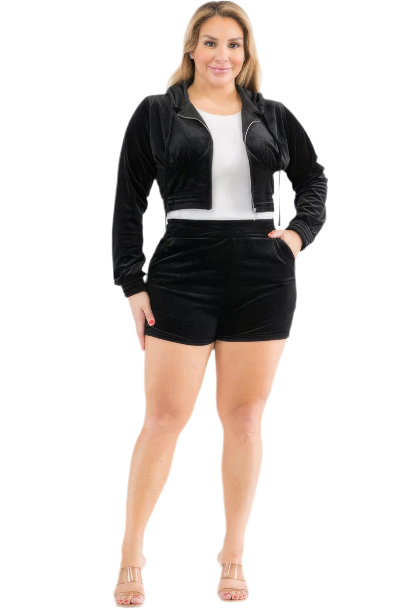 Plus Size Velour Crop Zip Up Hoodie And Shorts Set