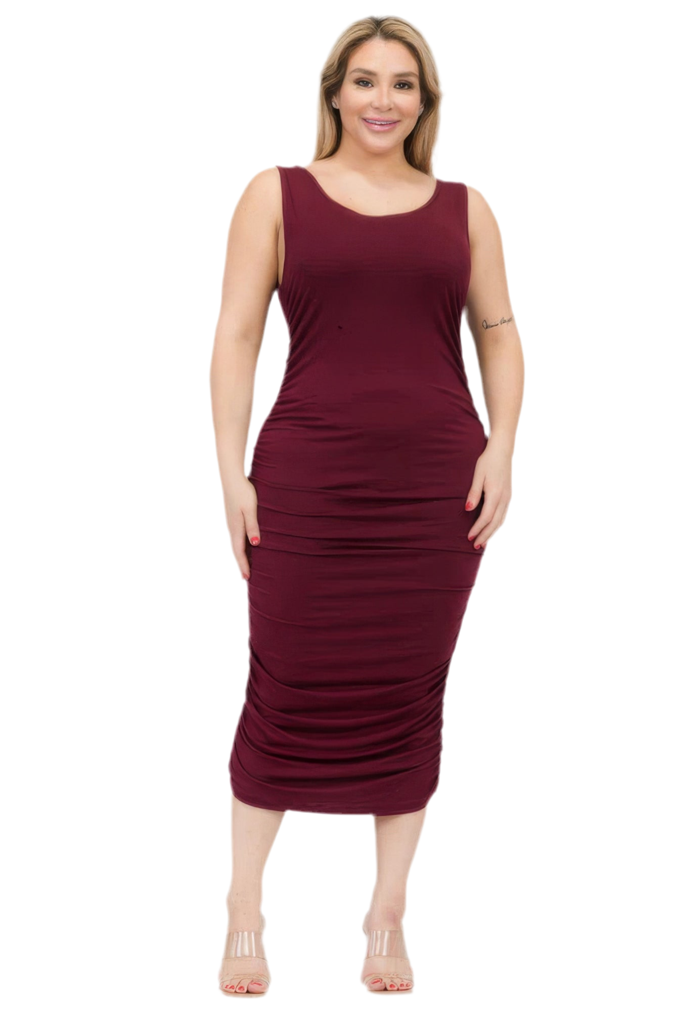 Square Neck Ruched Bodycon Midi Dress