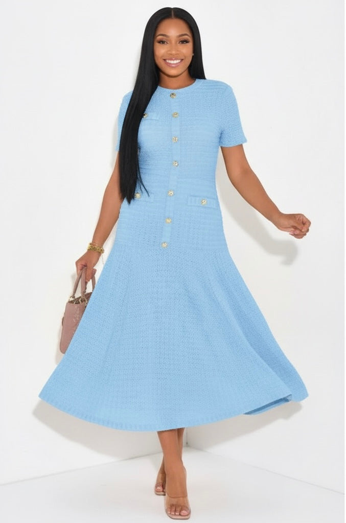 Solid Round Neck Button Elegant Sheath Dress