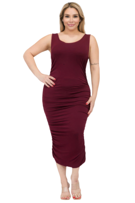 Square Neck Ruched Bodycon Midi Dress