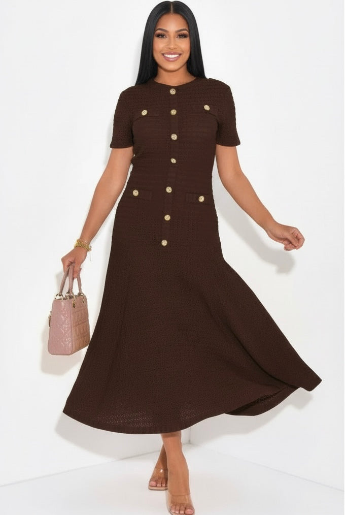 Solid Round Neck Button Elegant Sheath Dress