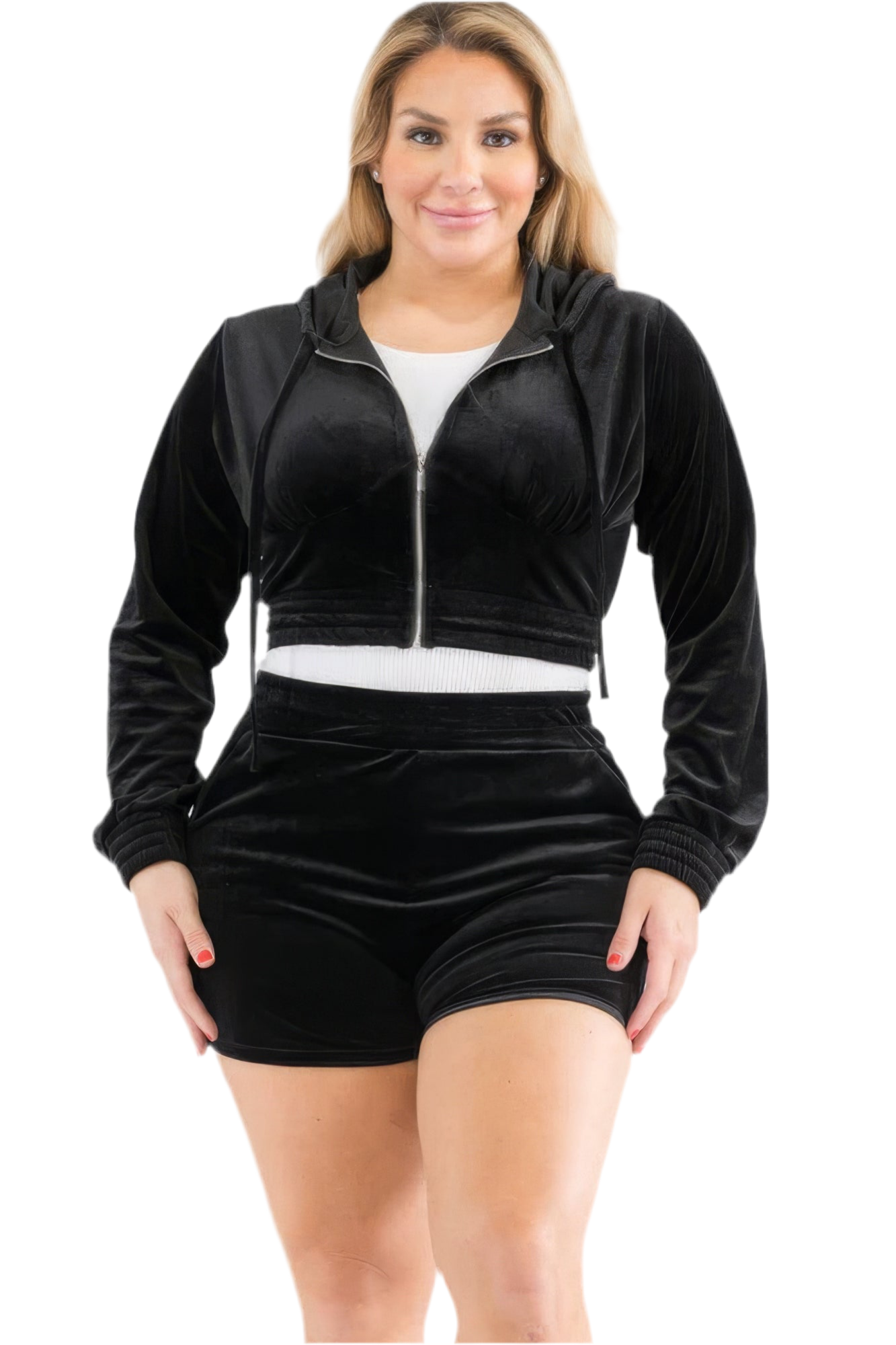 Plus Size Velour Crop Zip Up Hoodie And Shorts Set