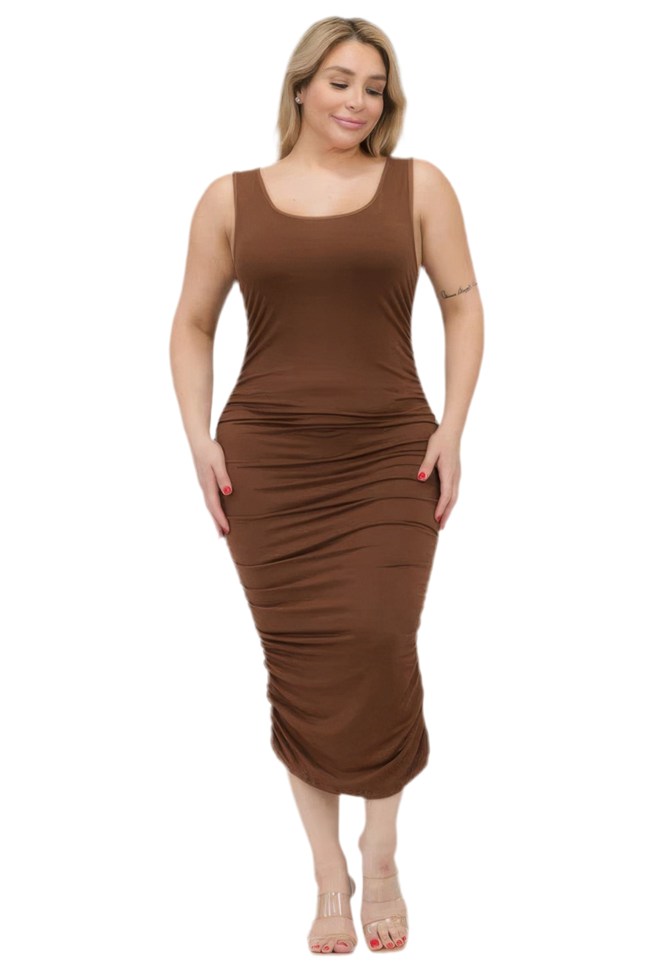 Square Neck Ruched Bodycon Midi Dress