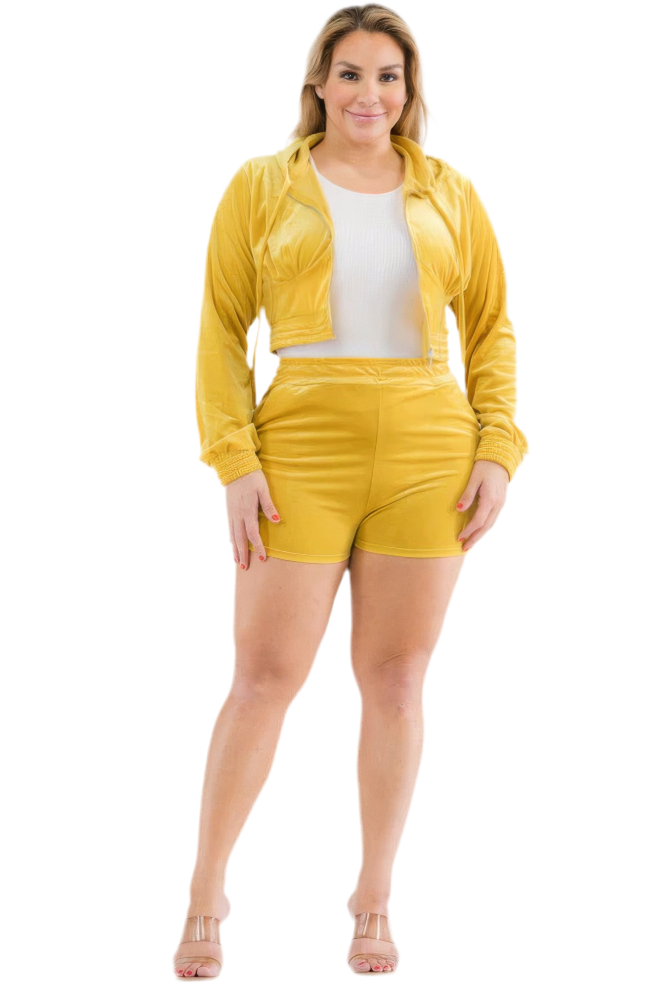 Velour Crop Zip Up Hoodie And Shorts Set