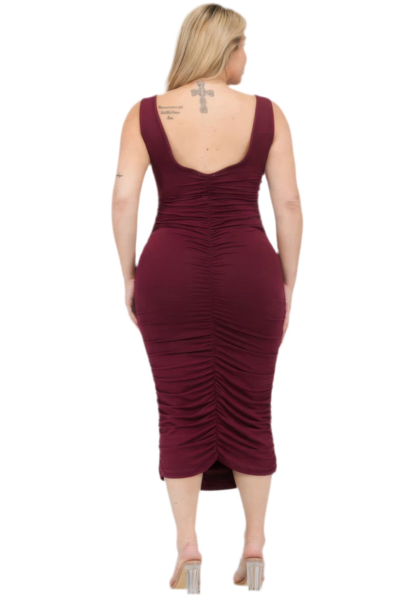 Square Neck Ruched Bodycon Midi Dress