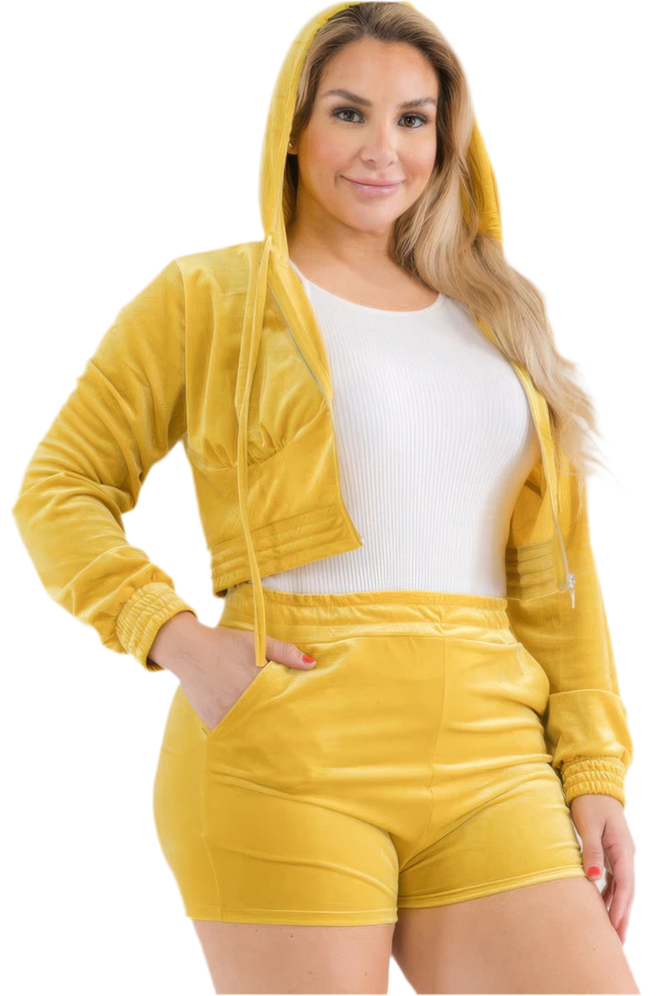 Velour Crop Zip Up Hoodie And Shorts Set