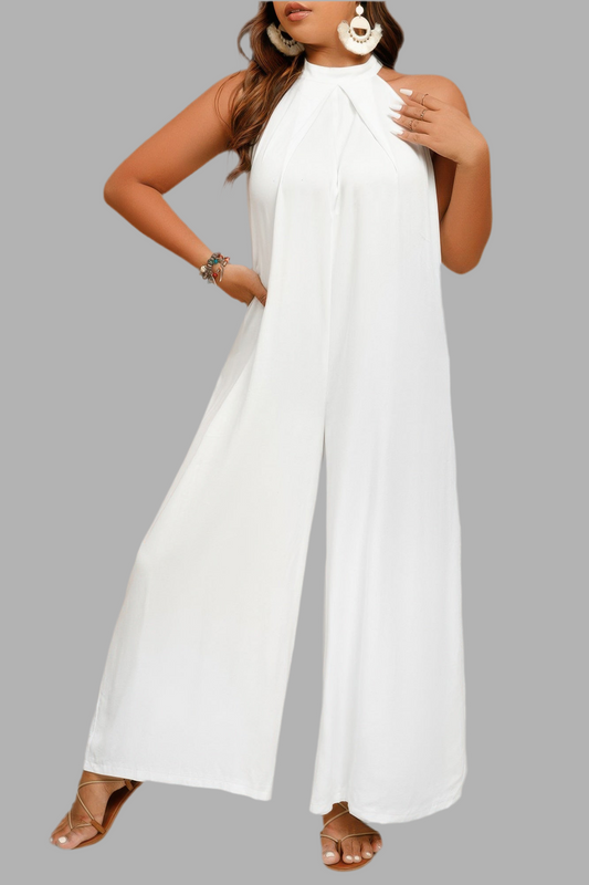 Curvy Solid Sleeveless Halter Wide Leg Jumpsuit