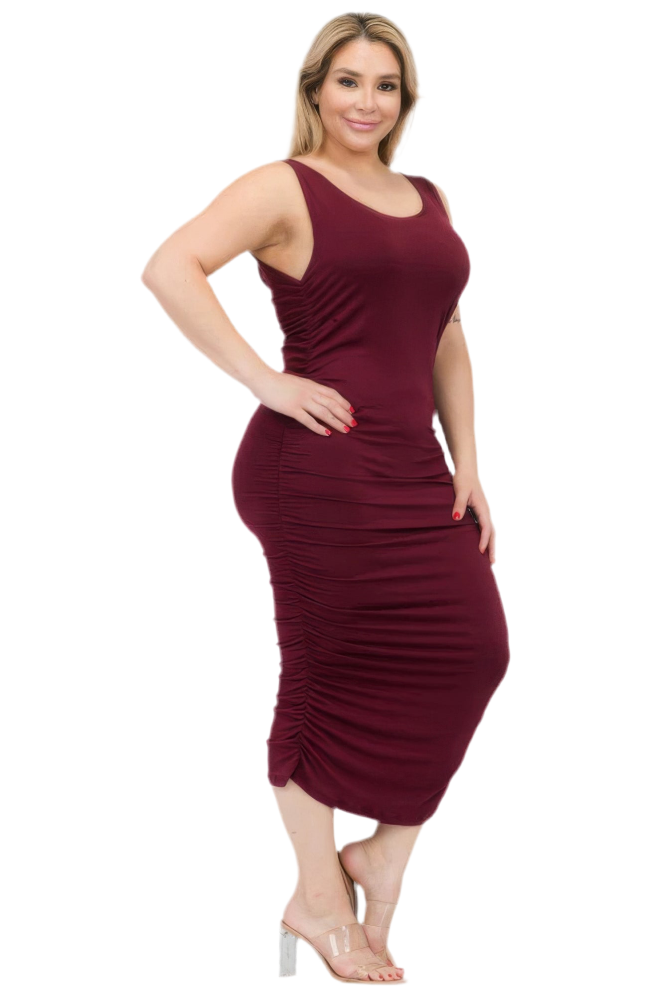 Square Neck Ruched Bodycon Midi Dress