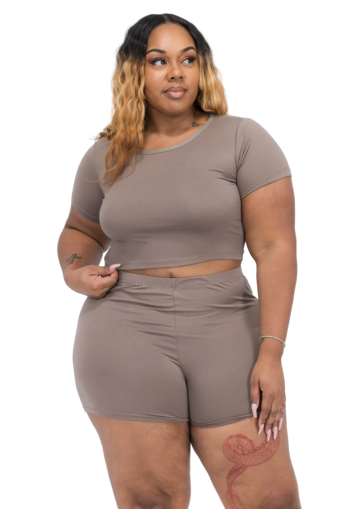 Curvy Short Sleeve Crop Top & Shorts Set